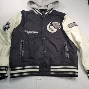 ZARA Varsity Bomber Jacket Hooded Black Cream Sleeves Patches Men XL READ